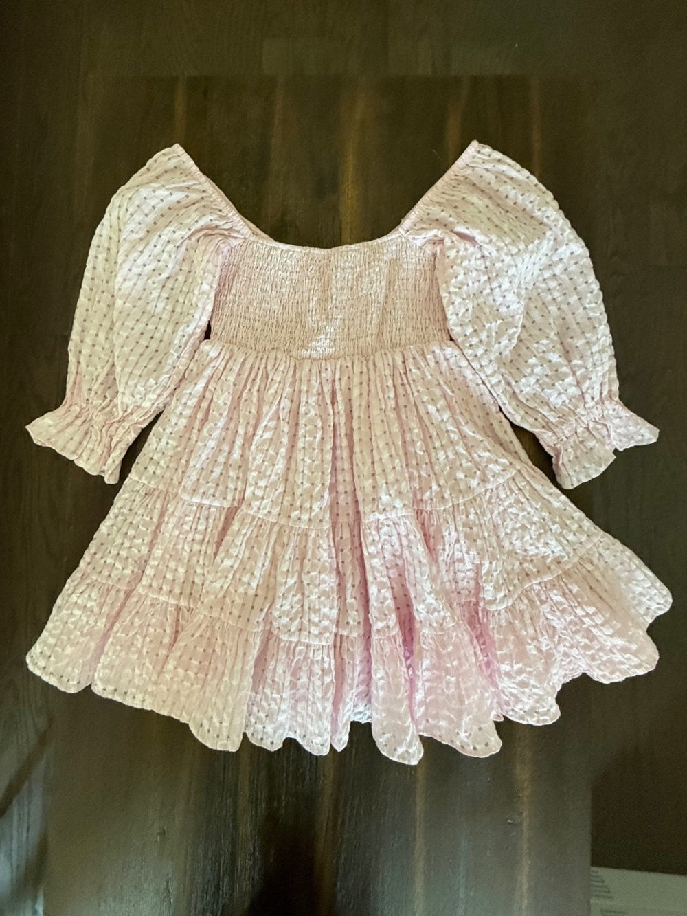 MABLE Pink Smocked Puff Sleeve Textured Check Tiered Babydoll Mini Dress Small - Picture 6 of 16